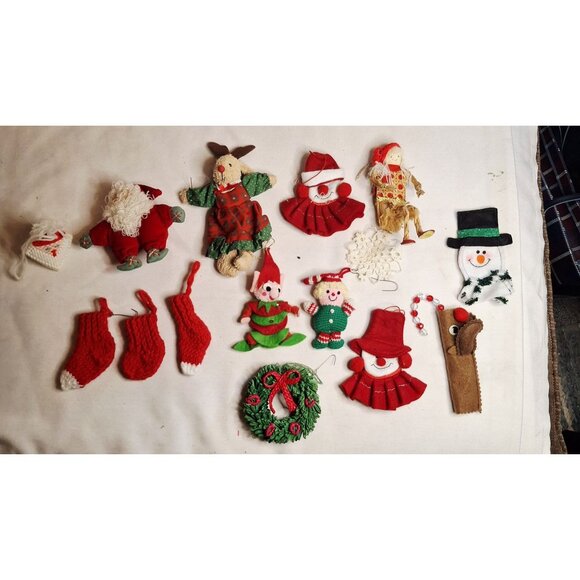 Vintage Handmade Christmas Ornaments Set Of 15 - Crochet Felt & Straw Decoration - Picture 1 of 11